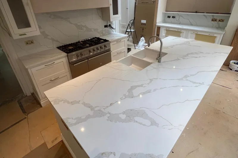 Quartz island with twin sinks